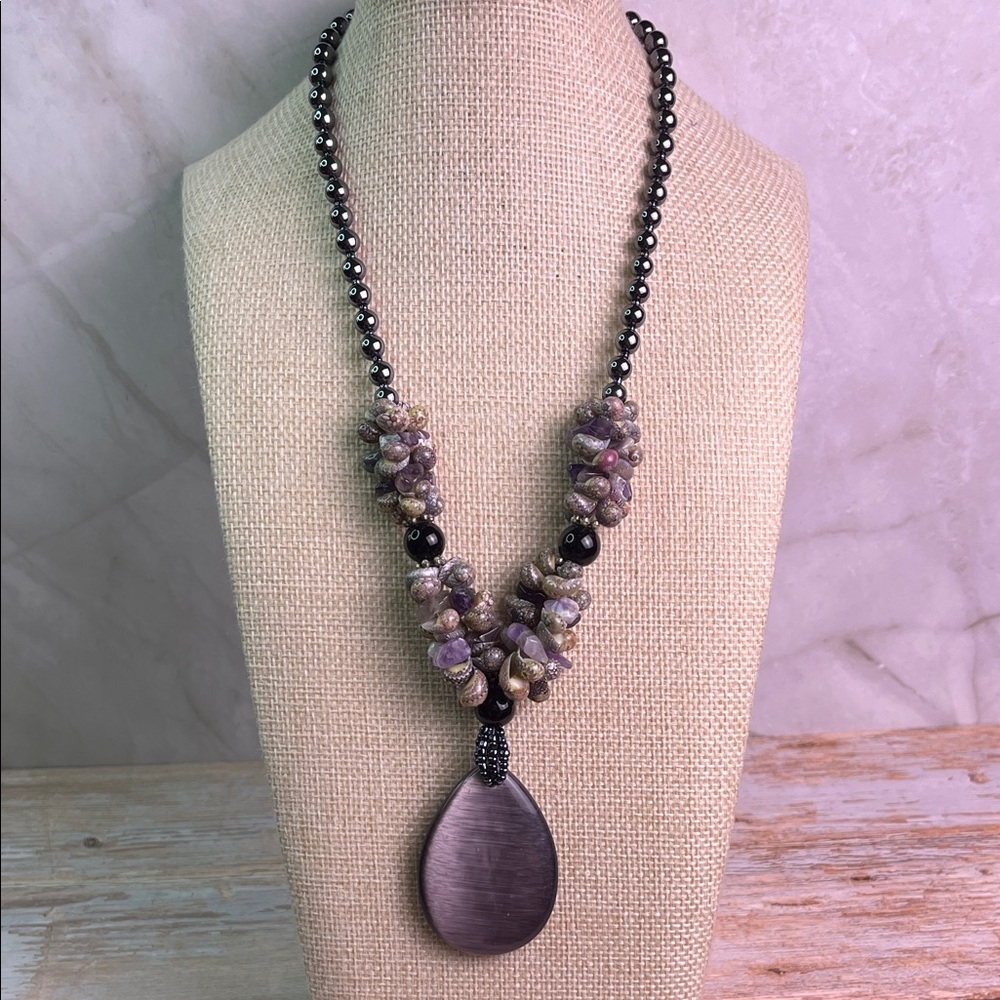 Hematite with mini shells & amethyst & purple pendant Necklace